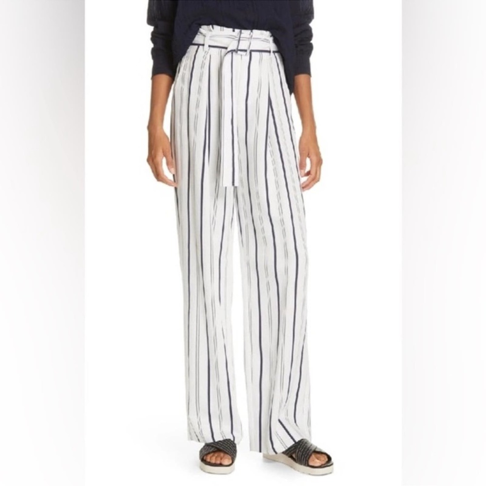 Vince Dobby Blue White Striped Wide Leg High Rise Belted Pants Women’s Medium - Picture 2 of 11